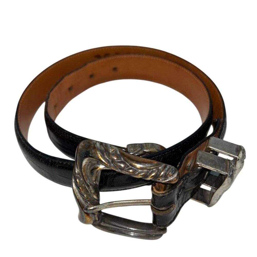 onyx black leather belt silver buckle 28